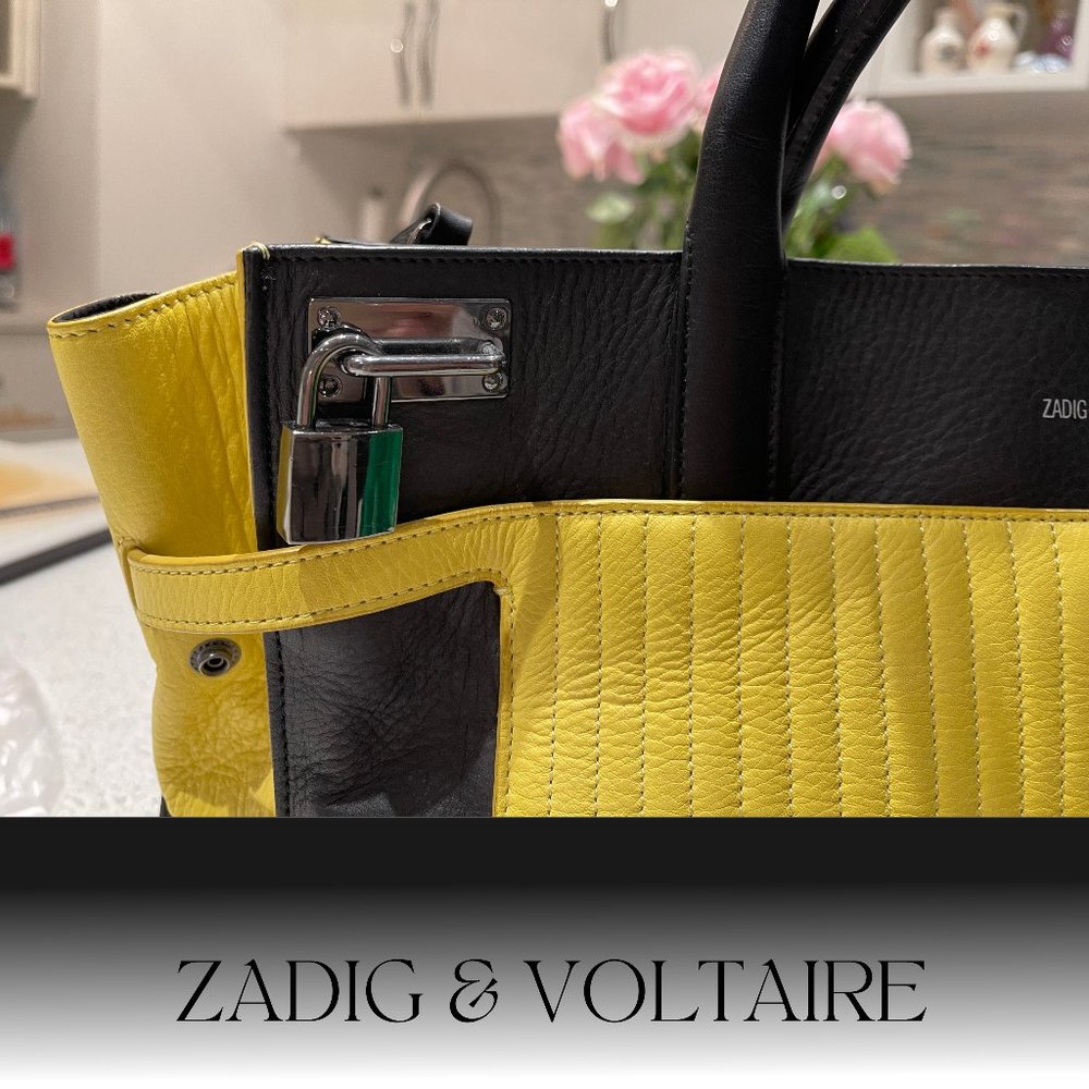 ZADIG & VOLTAIRE LARGE DRAMATIC CANDIDE YELLOW AND BLACK LEATHER TOTE - Picture 4 of 11
